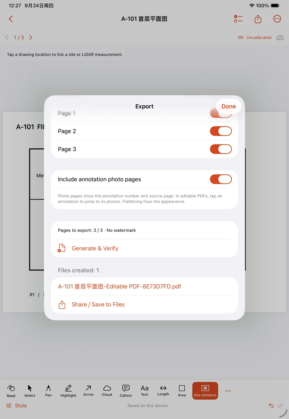 PDF export screen with page selection, annotation photo pages, and Share or Save to Files.